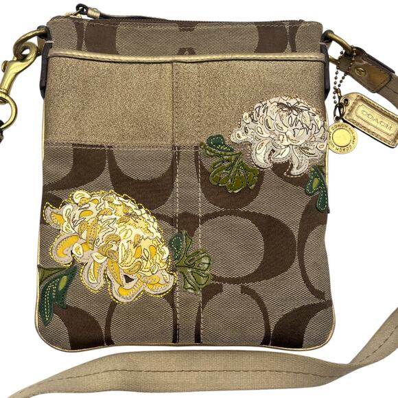 Coach Signature Canvas Monogram Embroidered Floral Sling Crossbody Bag Tan Gold - Picture 2 of 8